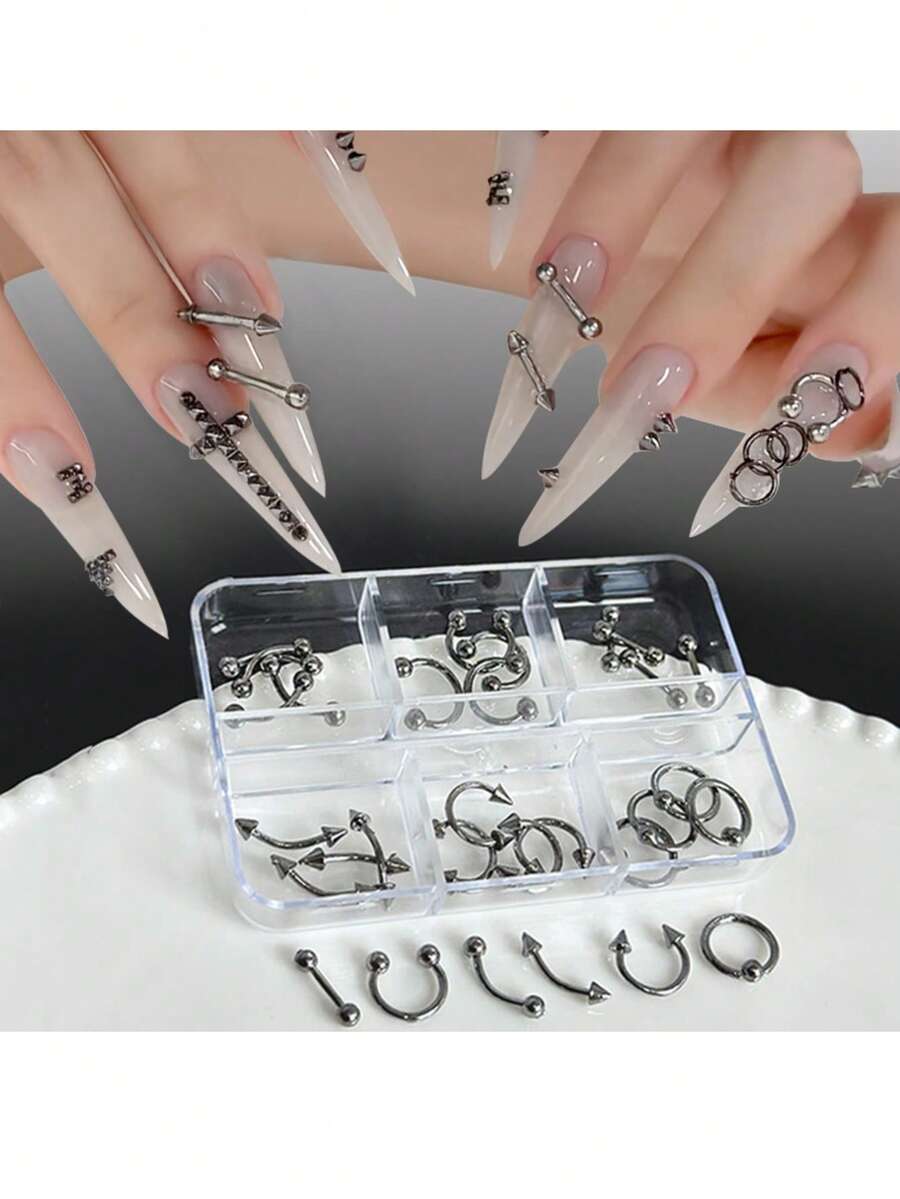 朋克金属尖刺链条美甲装饰套装 - 哥特风DIY美甲配件 美甲用品 美甲饰品 美甲宝石 - 淺灰色 - 查看 1
