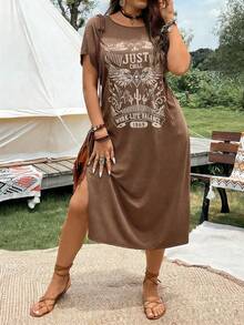 EMERY ROSE Plus Letter Graphic Split Thigh Tee Dress Maxi Women Outfit,Summer Boho Vacation Holiday Bohemian Style Clothing For Seaside Music Festivals - Coffee Brown - View 1