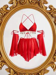 Fantasy Costume 万圣节红色网纱金色亮片肚皮舞服装5件套[上衣+丁字裤+裙子+2个袖套] - 紅色 - 查看 2