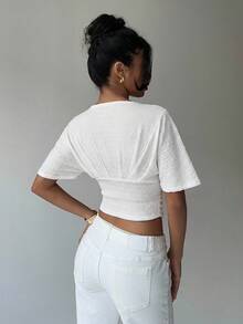Aloruh Apricot Deep V Ruched Short Sleeve Tight Fitted Women T-Shirt,Summer Top - White - View 2