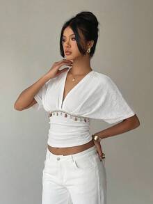 Aloruh Apricot Deep V Ruched Short Sleeve Tight Fitted Women T-Shirt,Summer Top - White - View 6