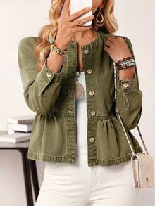 EMERY ROSE Women's Long Sleeve Single-Breasted Ruffle Hem Casual Denim Jacket - Army Green - View 5
