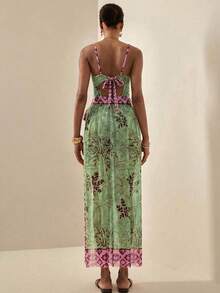 Écloséra 女士两件式植物印花性感吊带连体泳衣，侧边系带裙摆，夏季 - 彩色 - 查看 2