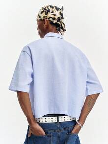 PAVTROS Men's Casual Striped Pocket Front Button Short Sleeve Shirt, Summer - Blue and White - View 3