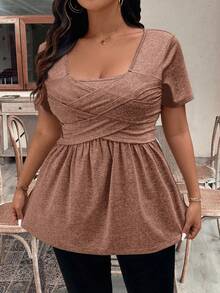 SHEIN CURVE+ Plus Size Stylish Elegant Short Sleeve T-Shirt, Flattering And Versatile For Commuting Going Out And Fashion Hot Pink Summer - Coffee Brown - View 5