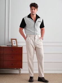 Core Aspect Men's Black & White Patchwork Knit Textured Casual Short Sleeve Shirt - Black and White - View 6