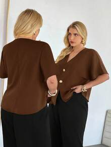 Auralis Blusa de manga corta negra para mujer de talla grande, blusa de verano de moda casual de negocios, blusa nueva, top lindo para mujer estilo Old Money - Marrón Mocha - Ver 2