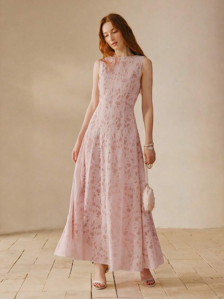 WOMEN'S LACE PANEL DESIGN ROUND NECK SLEEVELESS WAIST GATHERED ELEGANT ROMANTIC EVERYDAY DRESS