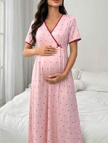 Moonlight&Mama Casual Heart Print V-Neck Short Sleeve Maternity Dress/Nightgown, Comfortable For Home Wear - Baby Pink - View 3