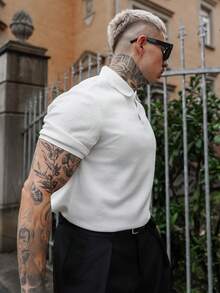 Artur Kramer Men Basic Textured Design Solid Color Short Sleeve Collar Polo Shirt, For Husband, For Going Out, Old Money Style - White - View 6