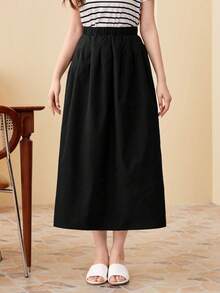 Solavon Elastic Waist Solid Flare Skirt - Black - View 5