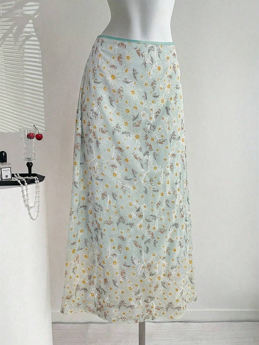 Rometta Chân váy maxi in họa tiết hoa cúc thanh lịch, tối giản, kiểu dáng tươi mát cho kỳ nghỉ dành cho nữ cỡ lớn. - Màu xanh Bạc hà - Xem 1