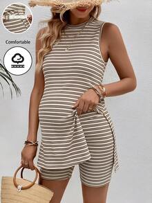 Bộ đồ bầu 2 món kẻ sọc cổ tròn xẻ tà và quần short, kiểu dáng thường ngày. - Nhiều màu - Xem 1