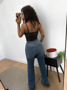 SHEIN BamGlam Áo liền thân gợi cảm phối ren tương phản dành cho nữ - màu đen - Xem 6