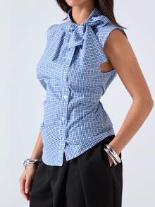 LYSMO 2026 New Arrive Minimalism Spring/Summer Women's Plaid Single-Breasted Knotted Collar Sleeveless Blouse,Summer Top - Blue - View 4