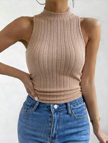Calvaya Mùa hè Đơn giản Và Đúng mốt Nhỏ bé Đứng cổ áo Textured Gầy Áo ba lỗ - Màu Khaki - Xem 3
