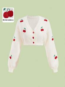 ROMWE Kawaii Cherry Embroidery Lantern Sleeve Crop Cardigan, School,Long Sleeve Tops - White - View 1