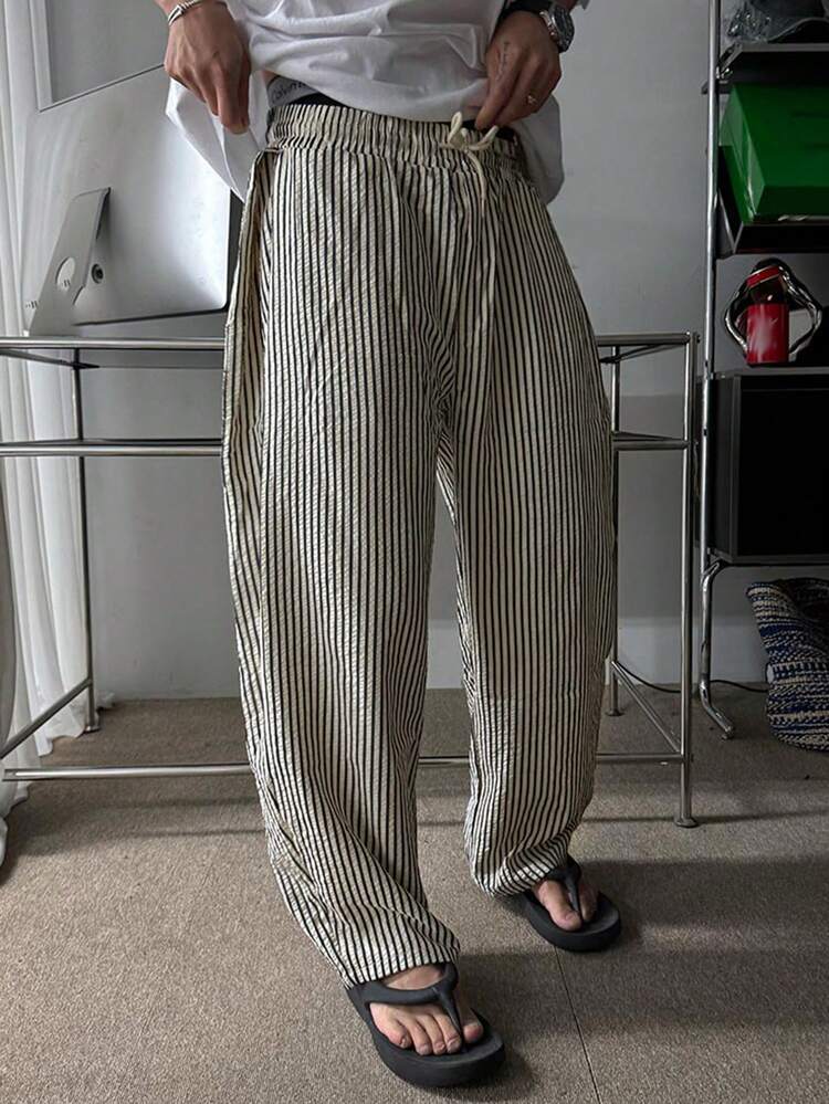 Long Black & White Striped Elastic Waist Men's Pants