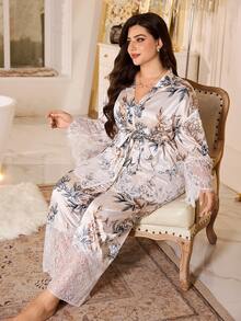 MuseNap CURVE Plus Size Women 2 Pieces Satin Pajama Set, Champagne, Autumn, Elegant, Family Matching, Wedding, Floral Print Lace Patchwork Tie Front Curve Sleepwear Gown - Multicolor - View 3