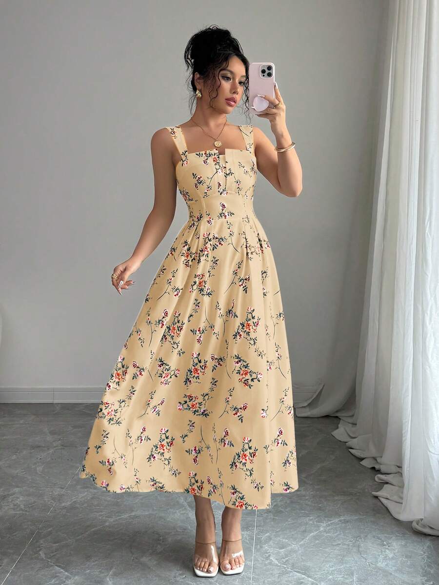 Elenzga Latest Spring/Summer Floral Elegant Waist Gathering Pleated Long Dress For Women - Multicolor - View 1