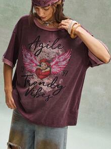 Bohemela 女士休闲针织短袖圆领宽松水洗T恤 - 摩卡棕 - 查看 5