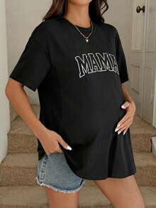 SHEIN Áo cho bà bầu dáng rộng, cổ tròn, tay ngắn - màu đen - Xem 5