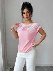 Balvessa 女士夏季新款优雅度假及办公网纱拼接贴花短袖衬衫 - 淺粉色 - 查看 8