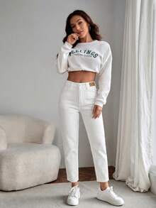女士休闲日常拼接细节锥形牛仔裤 - 白色 - 查看 5