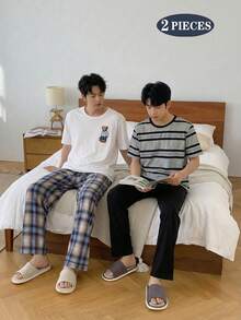 2件套青少年男童休闲经典黑灰条纹印花短袖上衣和宽松黑色长裤针织面料家居服套装 - 彩色 - 查看 1