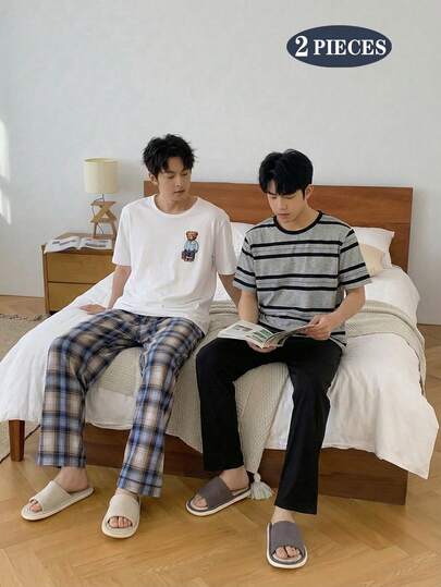 2pcs/Set Teenage Boys Casual Classic Black & Gray Striped Print Short Sleeve Top And Relaxed Fit Black Pants Knit Fabric Loungewear Set