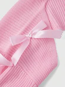 ROMWE Plus Size Kawaii Versatile Solid Knit Cardigan With Bow, Pink/Winter - Pink - View 3