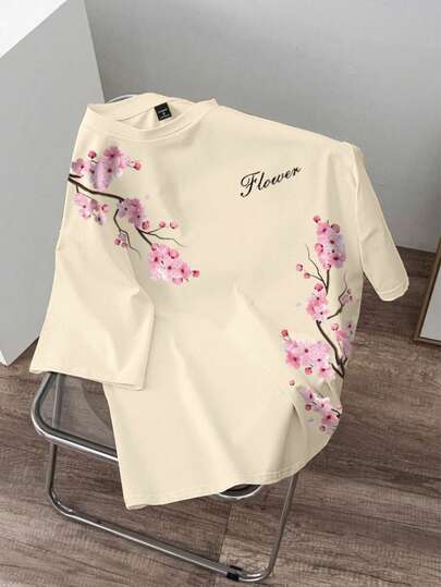 Manfinity Joysei Men's Casual Letter & Floral Print Round Neck Short Sleeve T-Shirt, Summer