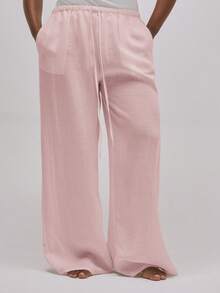 MUSERA Plus Size Linen Tie Front Straight Leg Trousers Swim Vacation Holiday Summer Travel Beachwear Basics Resort Core - Pink - View 2
