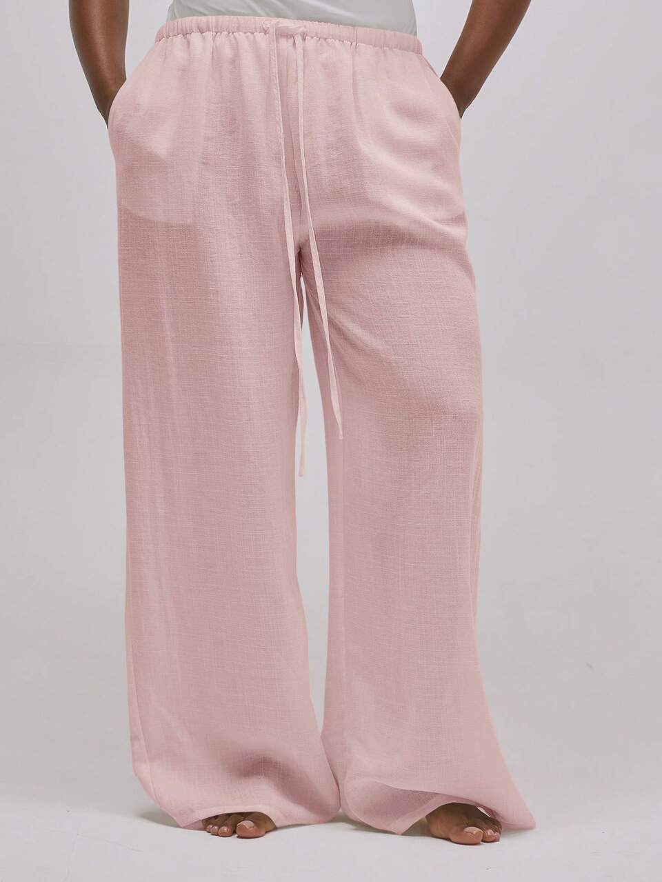 Curve Pink Linen Tie Front Straight Leg Trousers