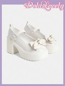 Dola Lovely 女士米色圆头玛丽珍蝴蝶结装饰厚底高跟鞋，适合洛丽塔、JK、哥特风格、生日派对等场合穿着。 - 純白色 - 查看 6