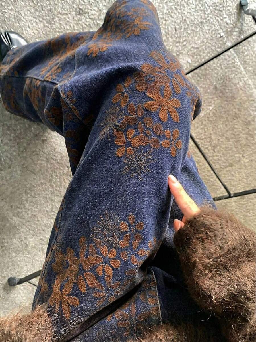 DAZY Women's Full Floral Print Jeans, Girly Chic Streetwear Korean Style - Blue - View 1