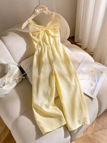Souflis Souflis Young Girls Textured Floral Fabric Jumpsuit With Bow Strap, Suitable For Vacation And Daily Wear - Yellow - View 1