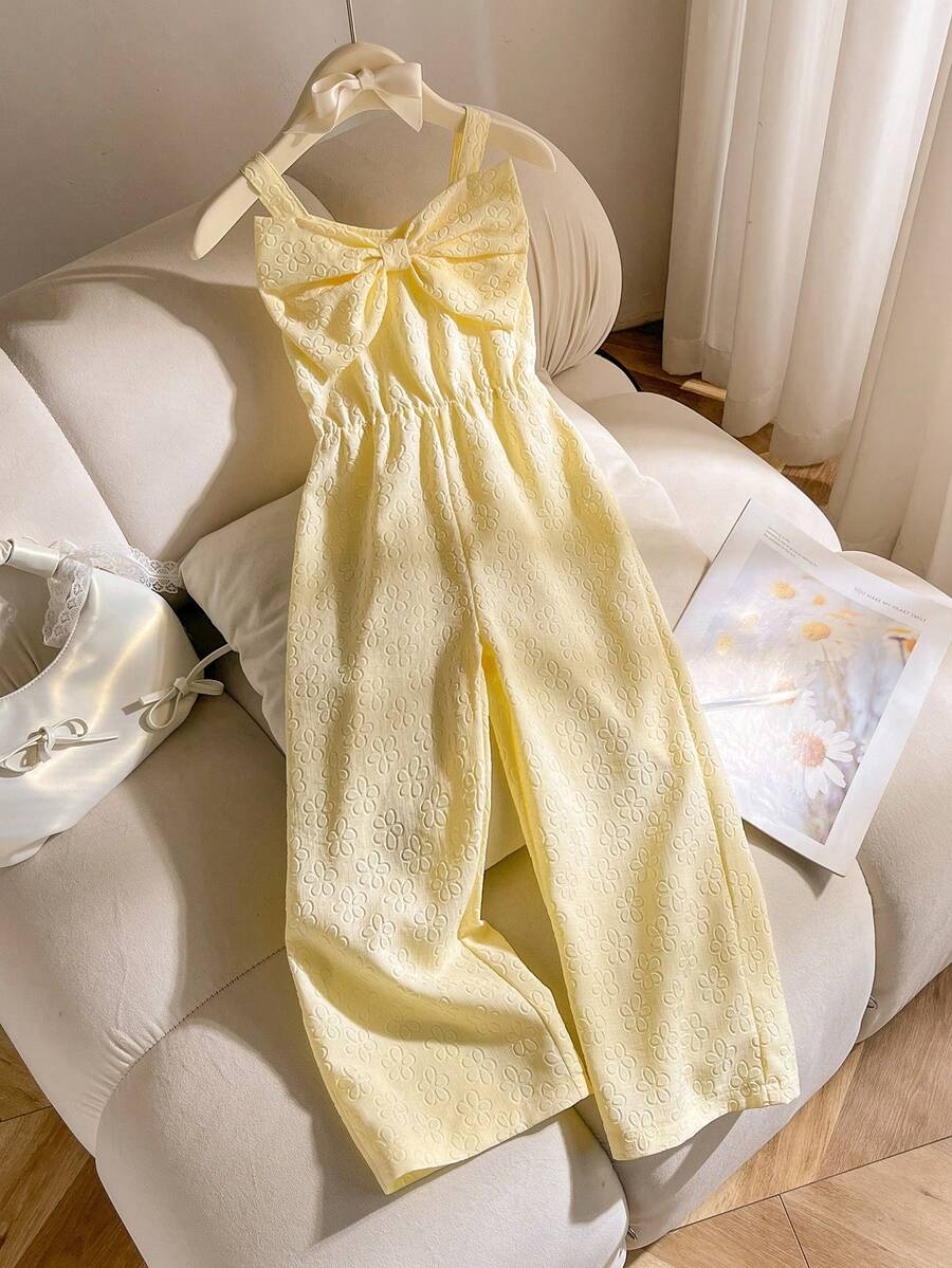 Souflis Souflis Young Girls Textured Floral Fabric Jumpsuit With Bow Strap, Suitable For Vacation And Daily Wear - Yellow - View 1