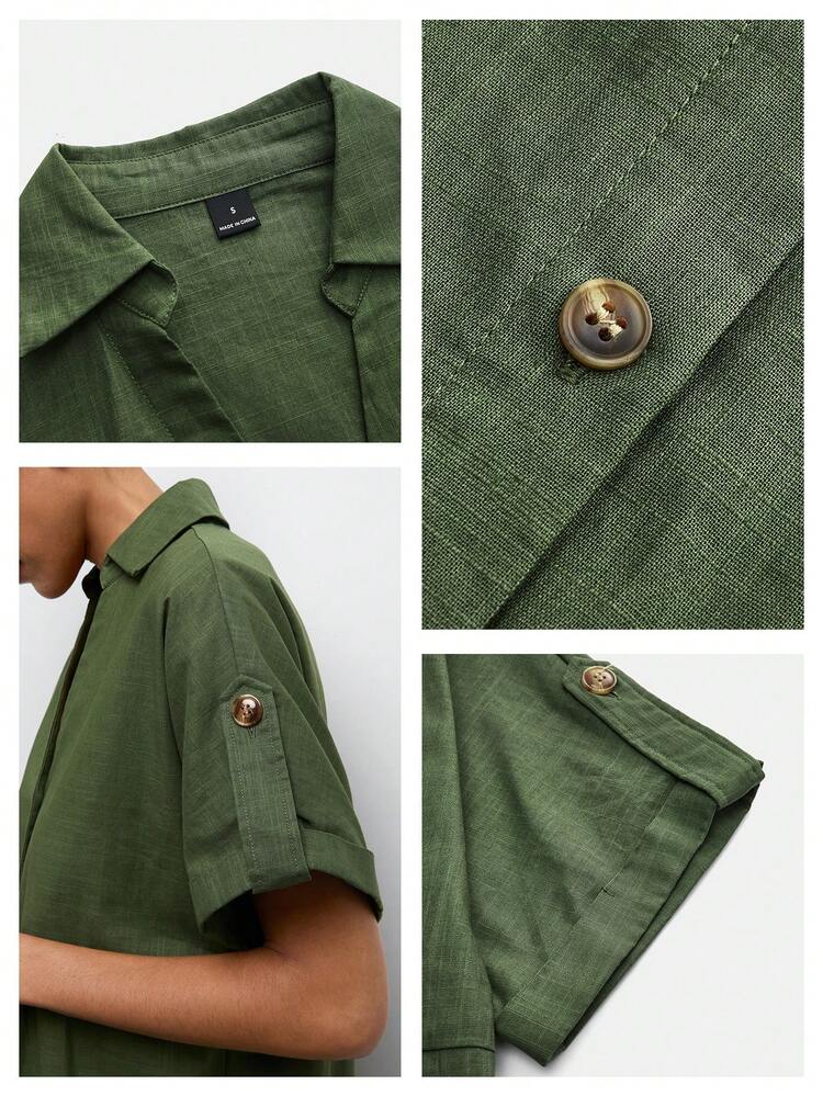 SHEIN Maija Women's Solid Color V-Neck Straight Midi Dress,Summer Clothes,Beach Dresses ,Green Dress ,Casual Long Dresses ,Summer Holiday Outfits,Vacation Outfits For Women Delivery Dress Working Dress For Women Button Down Dress For Women Cotton Dress For Women Pure Cotton Dress Women