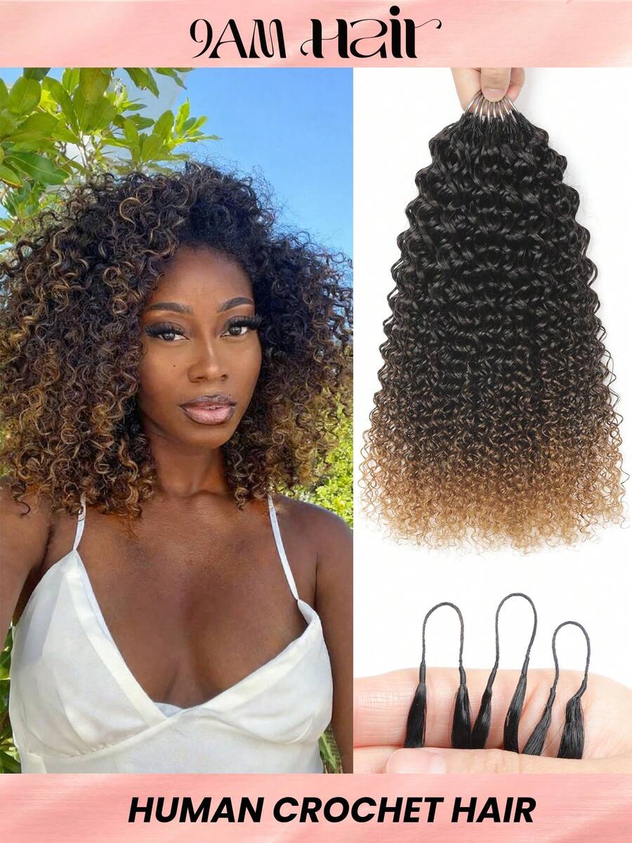 Boho Braids Human Crochet Hair In 100% Remy Human Hair Jerry Curly Feather Line Boho Crochet Braids Human Hair Salon Silky Seamless Invisible For Thin Hair Woman Micro Pre Looped Crochet Human Hair Extensions - SNATURAL/27 - View 1