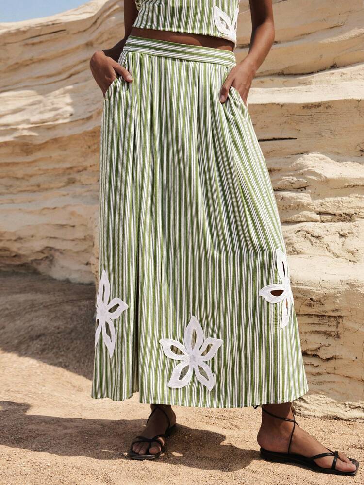 SHEIN Maija Women's Vacation Casual Striped Hollow Floral Embroidery A-Line Skirt,Vacation Outfits Women