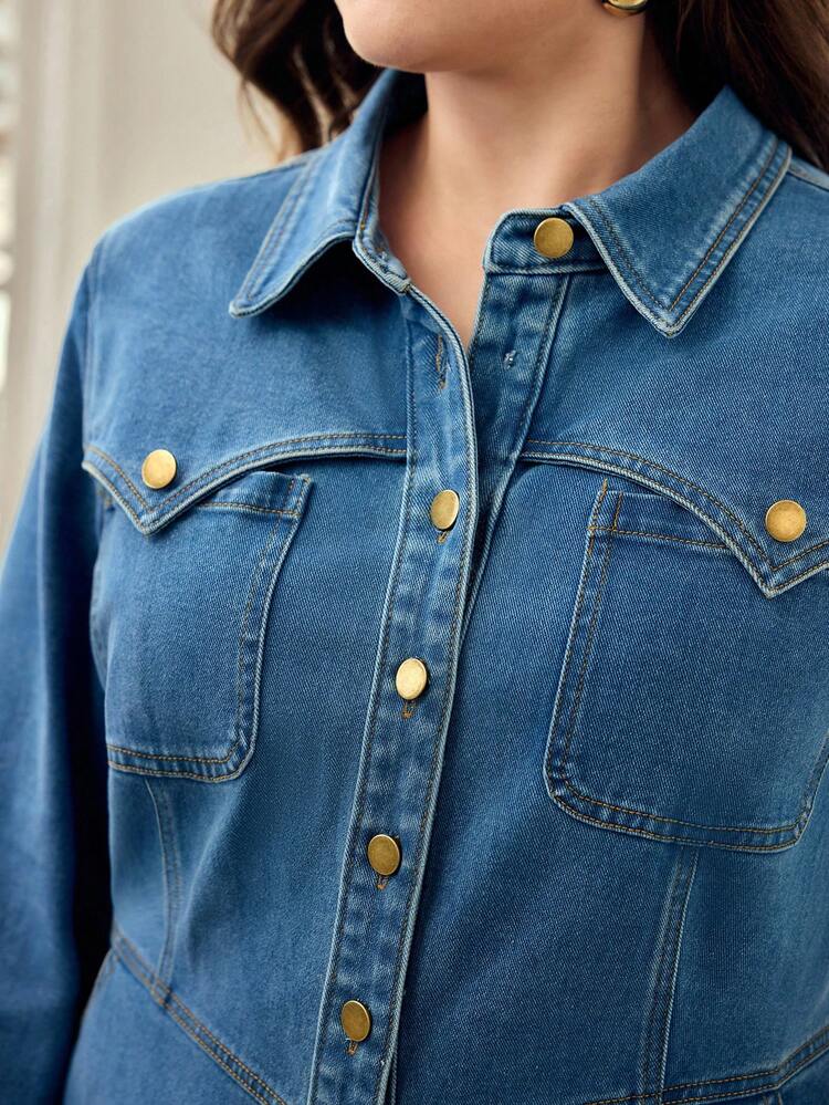 PLUS SIZE LONG SLEEVE DENIM DRESS, SHIRT STYLE, SUITABLE FOR SPRING, SUMMER AND AUTUMN