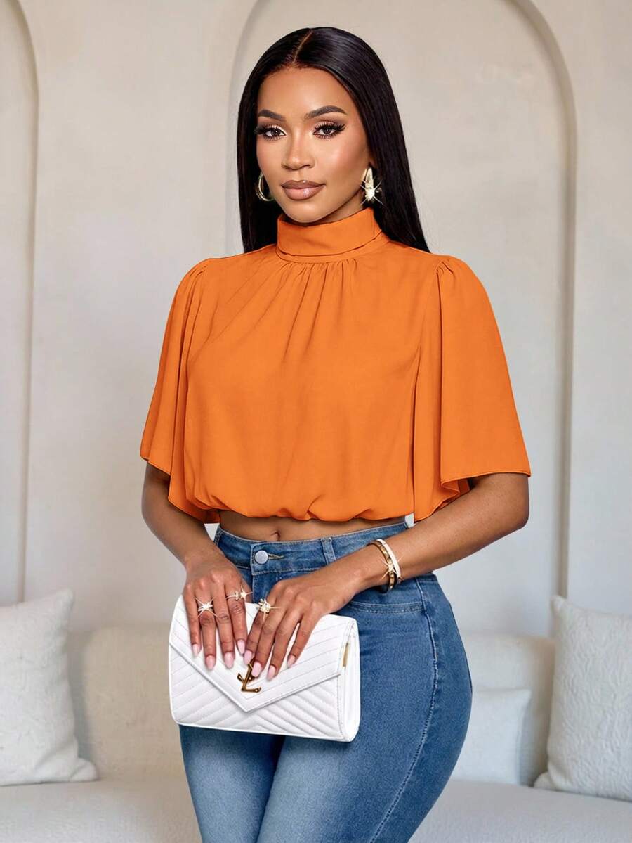 SOLERSUN Women's Spring And Summer Solid Color Fashion Casual Elegant Daily Simple Ruched Mock Neck Ruffle Sleeve Shirt Casual Daily Wear - Orange - View 1