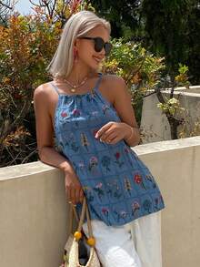 Casual Backless Spaghetti Strap Ditsy Floral Camisole Top, Suitable For Spring/Summer, Music Festivals, Valentine's Day, Weddings, Beach Vacations - Blue - View 2