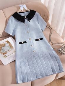 Elladie kids 1件少女夏季新款蓝色拼接黑色领口和下摆抽绳短袖开衫连衣裙，简约休闲宽松甜美学院风 - 藍色 - 查看 3