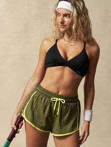 VARSIVA Contrast Color Trim Patchwork Polka Dot Print Sports Shorts - Green - View 9