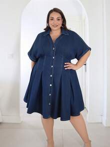 Pretty and Ole 大码牛仔中长连衣裙，短款落肩袖和喇叭下摆，优雅，中长女装连衣裙，文艺复兴博览会，女士牛仔连衣裙，感恩节连衣裙，茶会连衣裙，秋季女装连衣裙，海军蓝连衣裙 - 深色水洗藍 - 查看 6