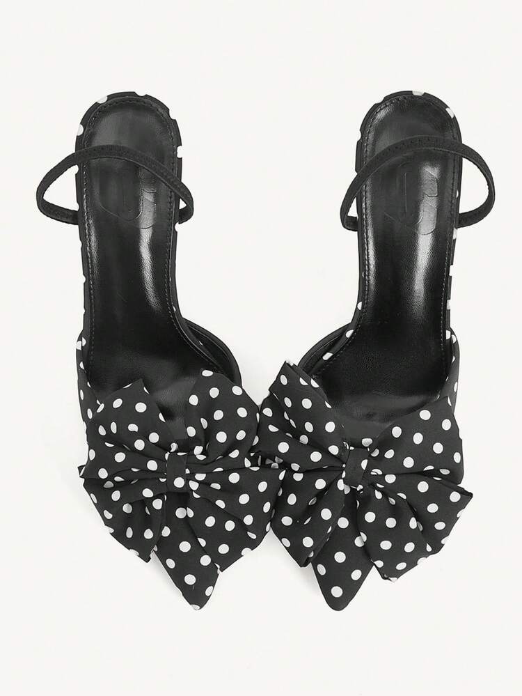 CUCCOO CHICEST Women Shoes Retro Polka Dot Bow Pointed High Heel Strap Sandals, French Retro Light Mature Style, Classic Black And White Polka Dot & Simple Pointed Design, Elegant Retro And Playful, Suitable For Women Who Prefer Light Mature Style Wear, Suitable For Daily Commuting, Dating Or Light Social Occasions