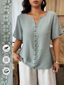 Weeklong Blusa holgada de manga corta con volantes y parches florales para mujer de talla grande, primavera/verano - Verde - Ver 1