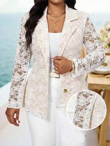 Dripcurv Women's Elegant Summer Beige Knitted Lace Blazer,Long Sleeve Lapel Plus Size Jacket For Wedding,Tea Party,Holiday,Commuting Office Work - Multicolor - View 3